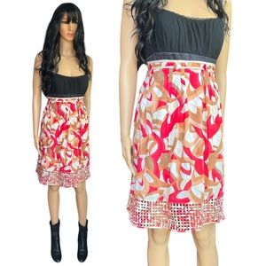 Etcetera Pink, Brown and White Abstract Print lined Cotton A-line Skirt Size 2